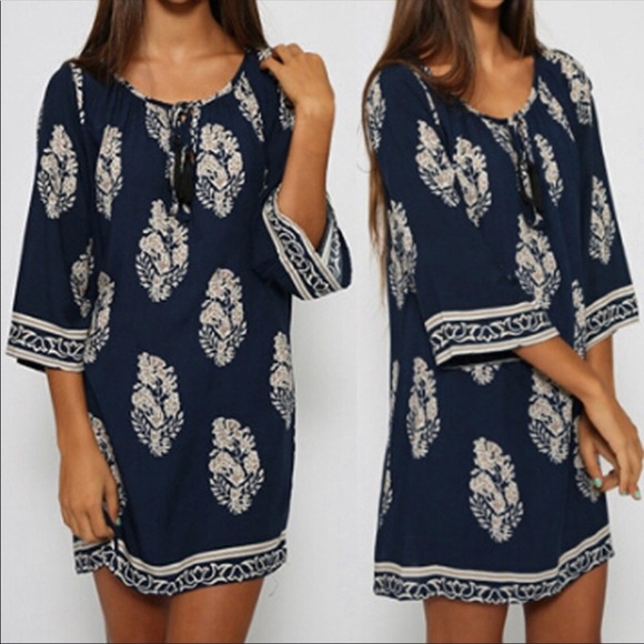 SOLDOUT💙🆕Nia Navy Boho Feather Swing Dress NWT💙 - Picture 6 of 8